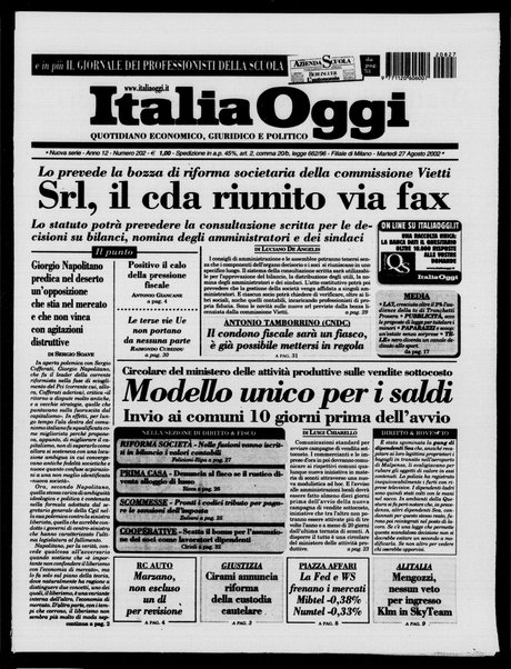 Italia oggi : quotidiano di economia finanza e politica